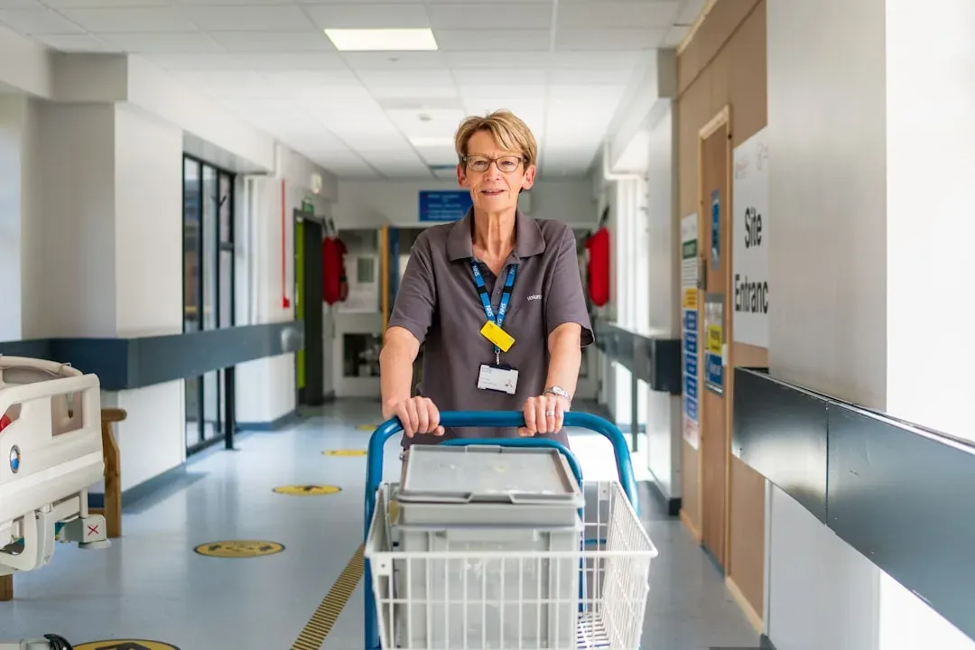 medical staff walking in a hospital corridor, calm atmosphere